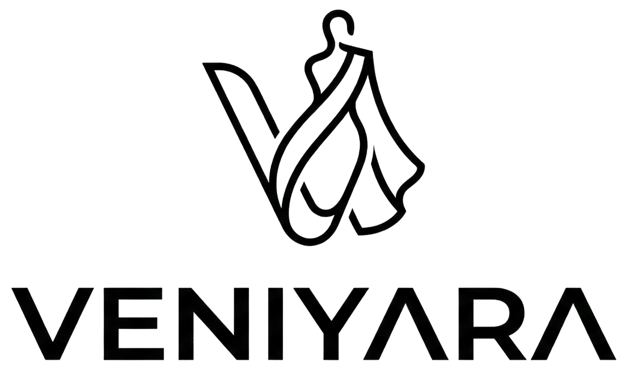 Veniyara Logo - Stylized V with a draped female figure and modern geometric typography.